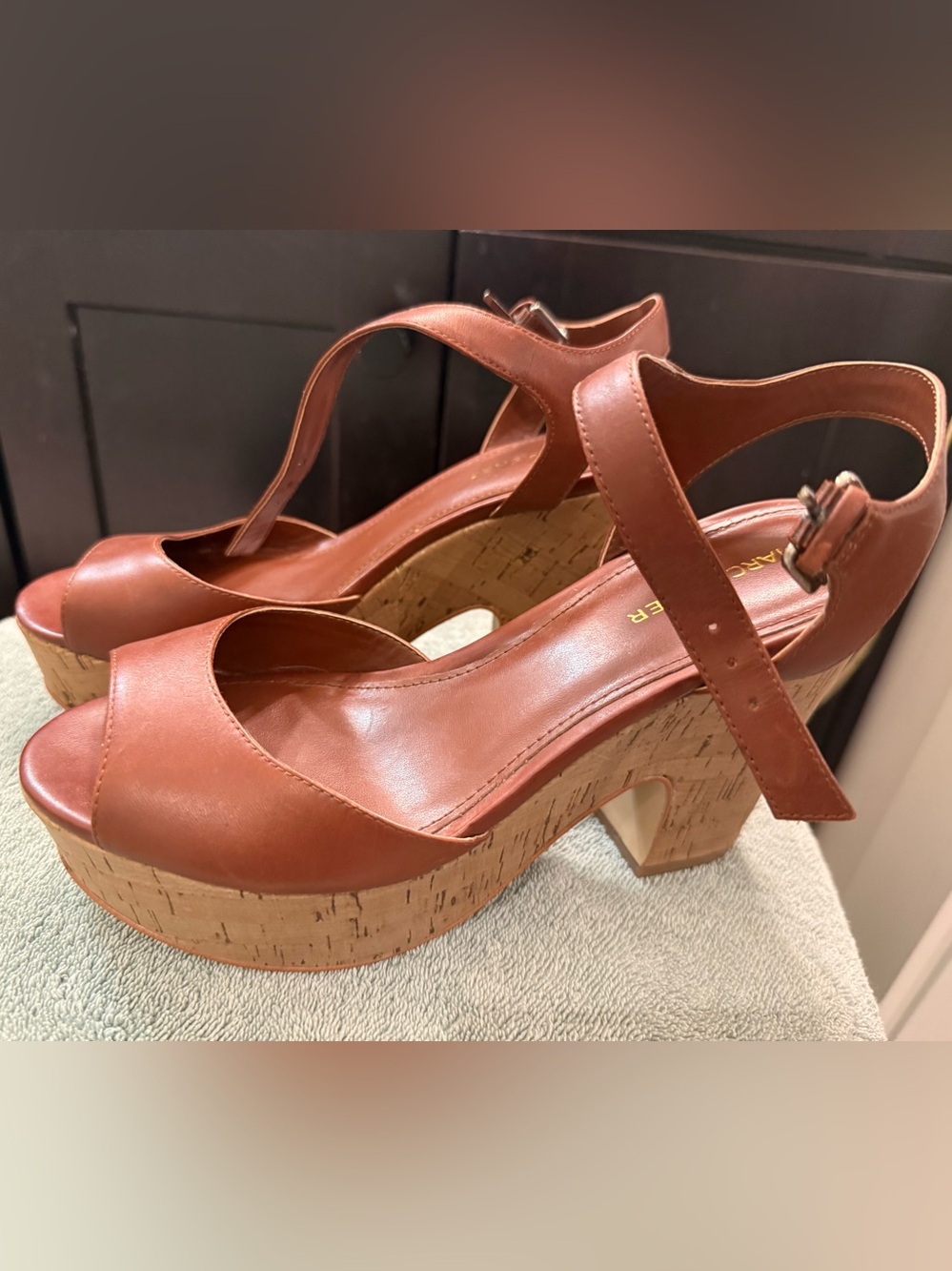 Marc Fisher Tan Leather Cork Platform Sandals